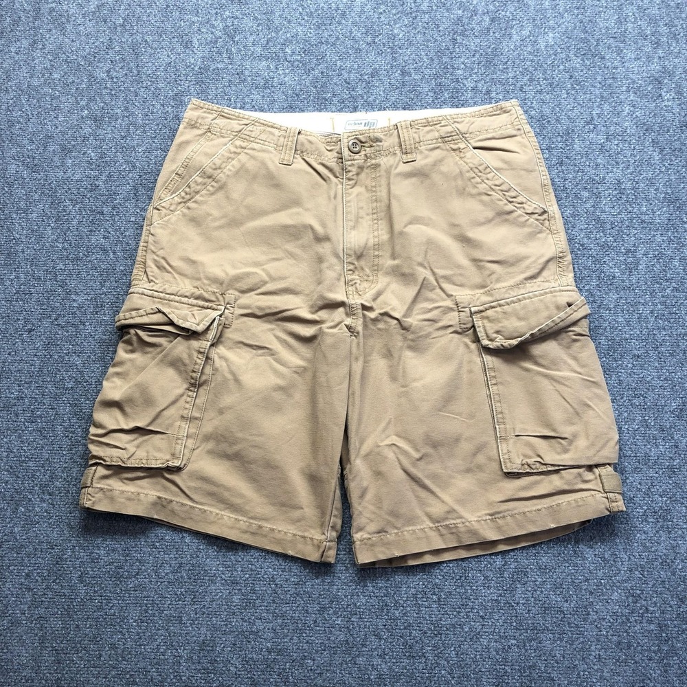 Y2K Cargo Shorts Mens 30 Beige Canvas Relaxed Fit 11 Inseam Pockets